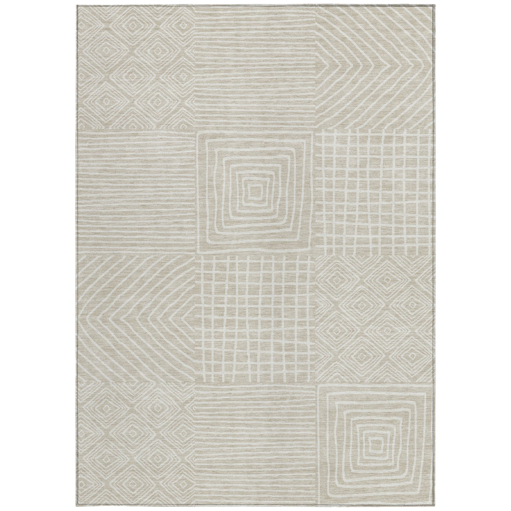 10' X 14' Beige And Ivory Geometric Washable Indoor Outdoor Area Rug - Outdoor