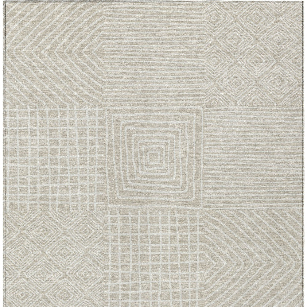 10' X 14' Beige And Ivory Geometric Washable Indoor Outdoor Area Rug - Outdoor
