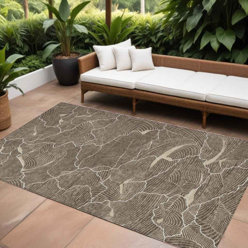 10' X 14' Brown And Ivory Abstract Washable Indoor Outdoor Area Rug