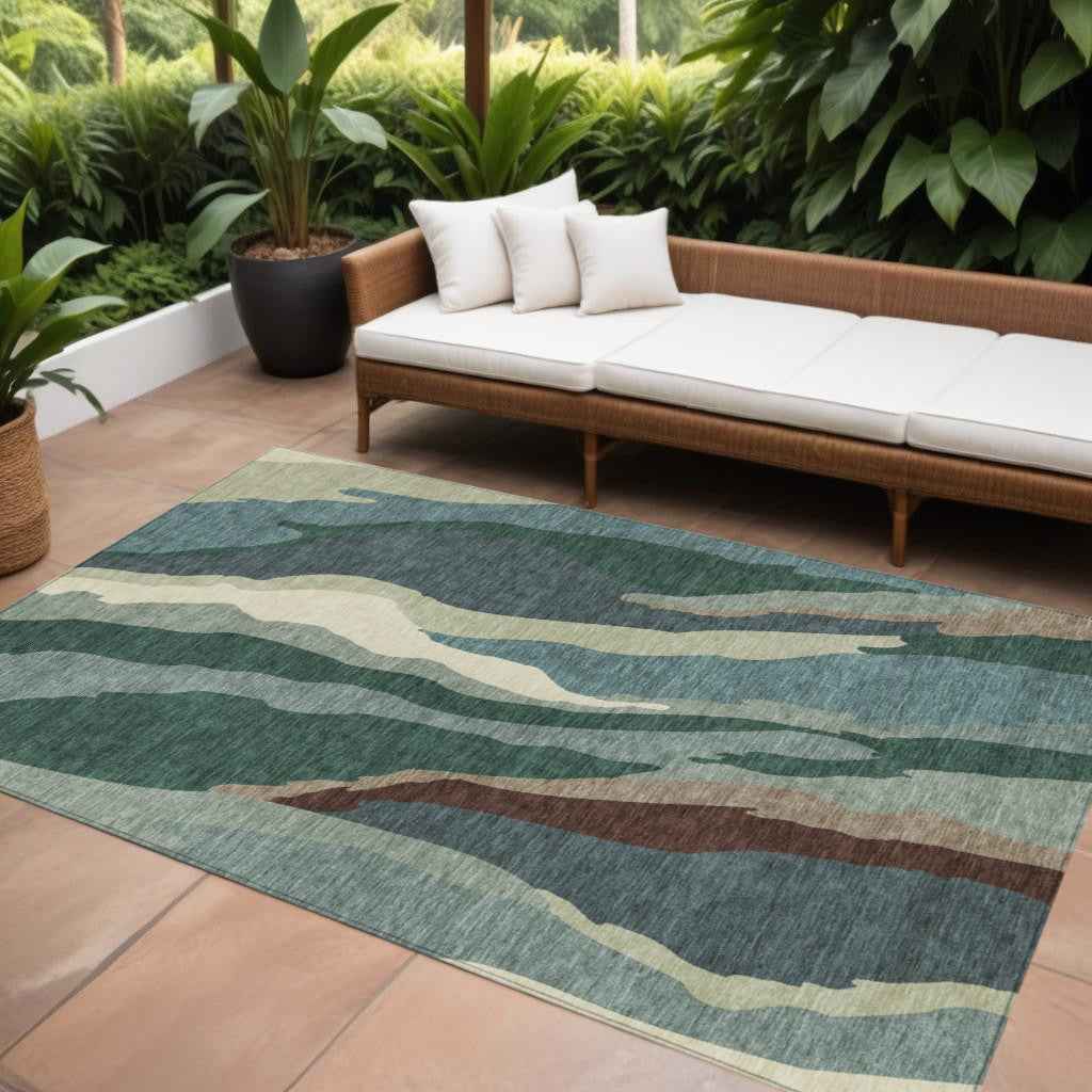 10' X 14' Sage Brown And Beige Abstract Washable Indoor Outdoor Area Rug