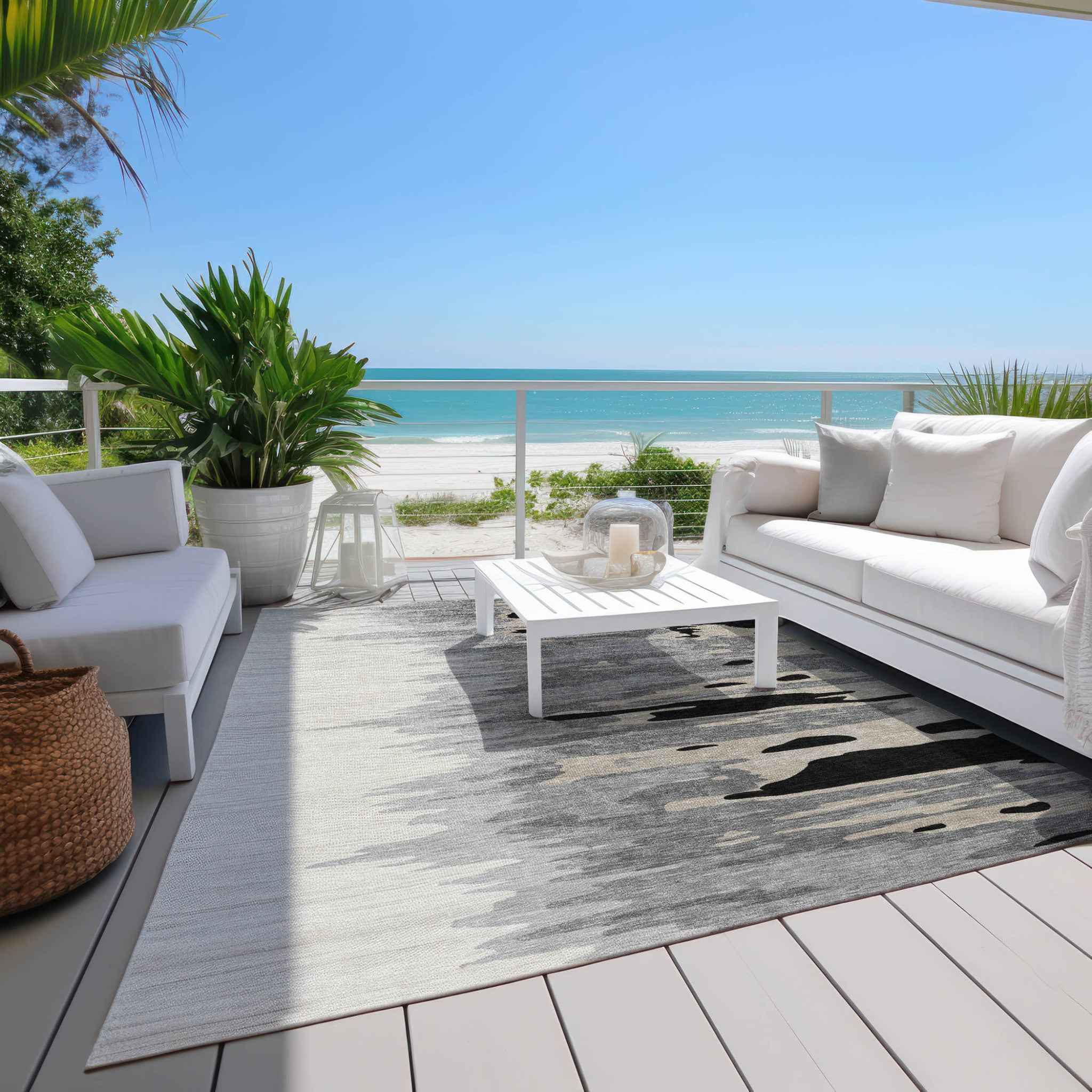 10' X 14' Black Gray And Ivory Abstract Washable Indoor Outdoor Area Rug