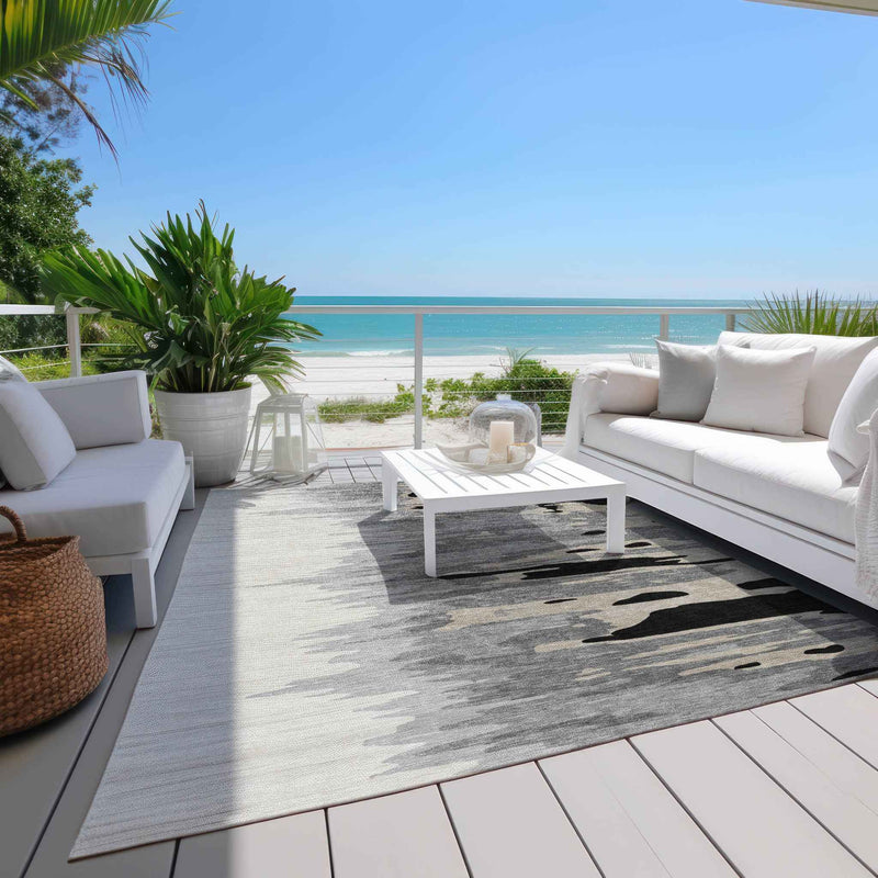 10' X 14' Black Gray And Ivory Abstract Washable Indoor Outdoor Area Rug