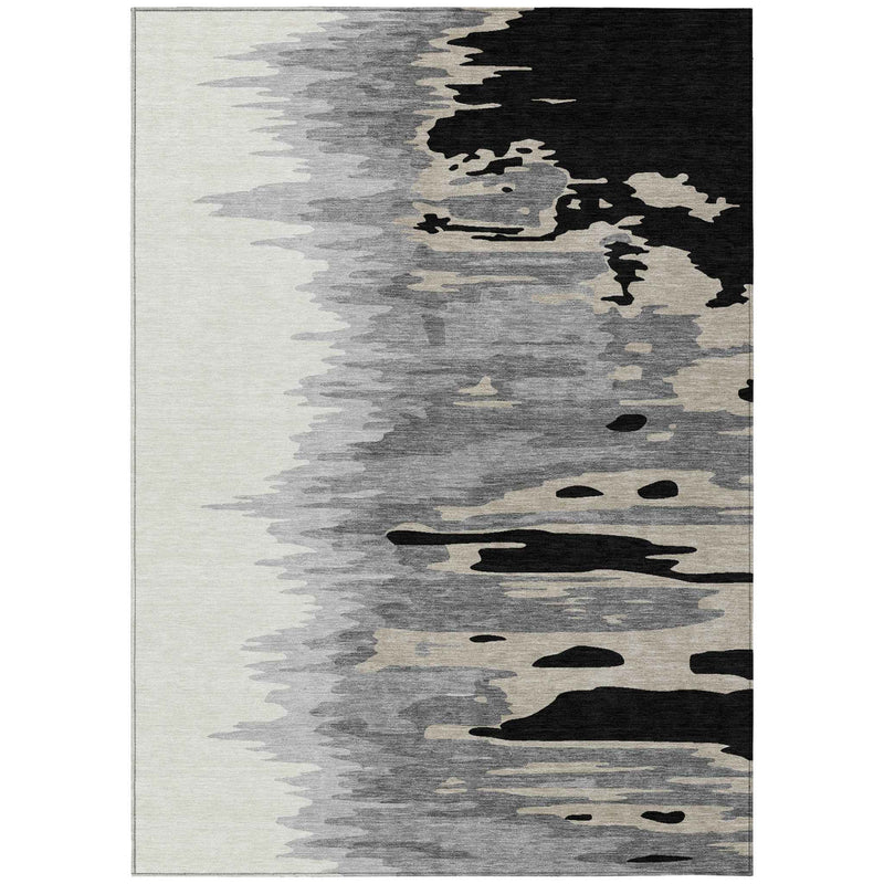 10' X 14' Black Gray And Ivory Abstract Washable Indoor Outdoor Area Rug
