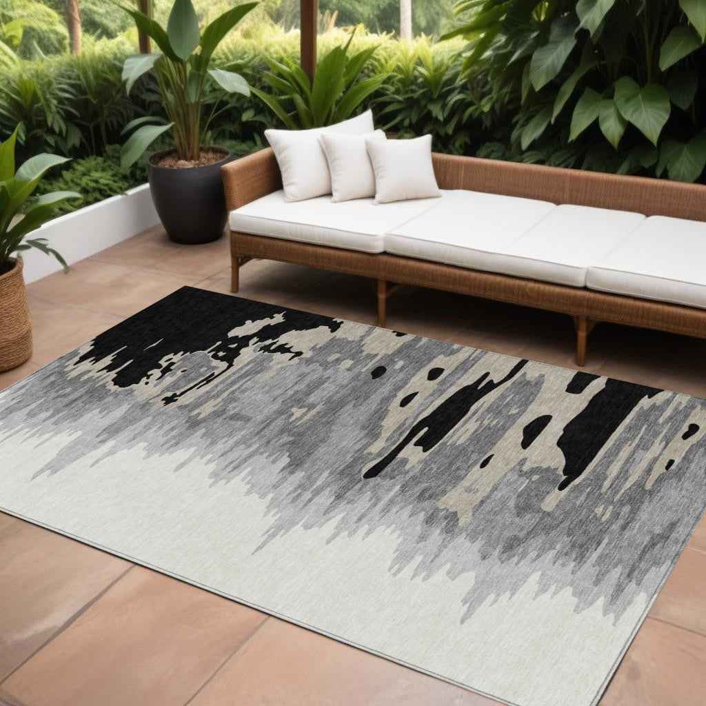 10' X 14' Black Gray And Ivory Abstract Washable Indoor Outdoor Area Rug