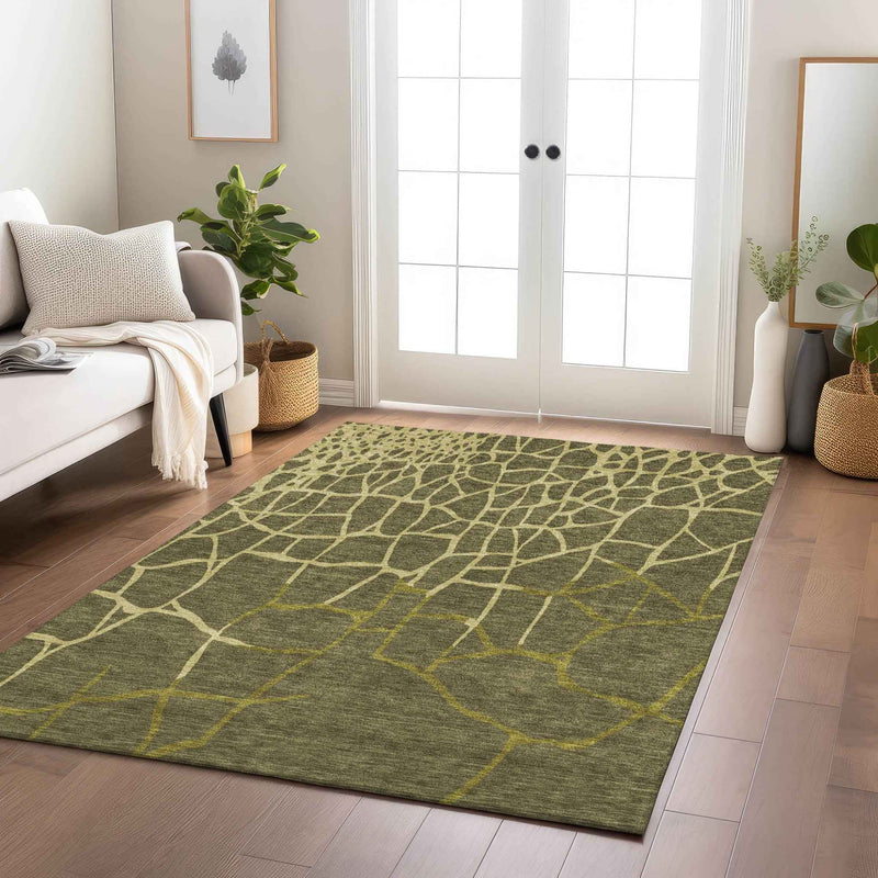 3' X 5' Olive Green And Dark Green Abstract Washable Indoor Outdoor Area Rug