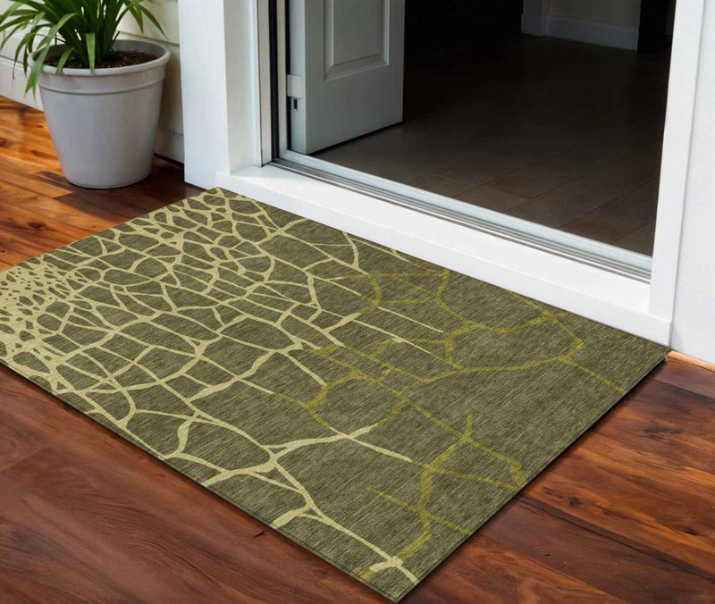3' X 5' Olive Green And Dark Green Abstract Washable Indoor Outdoor Area Rug