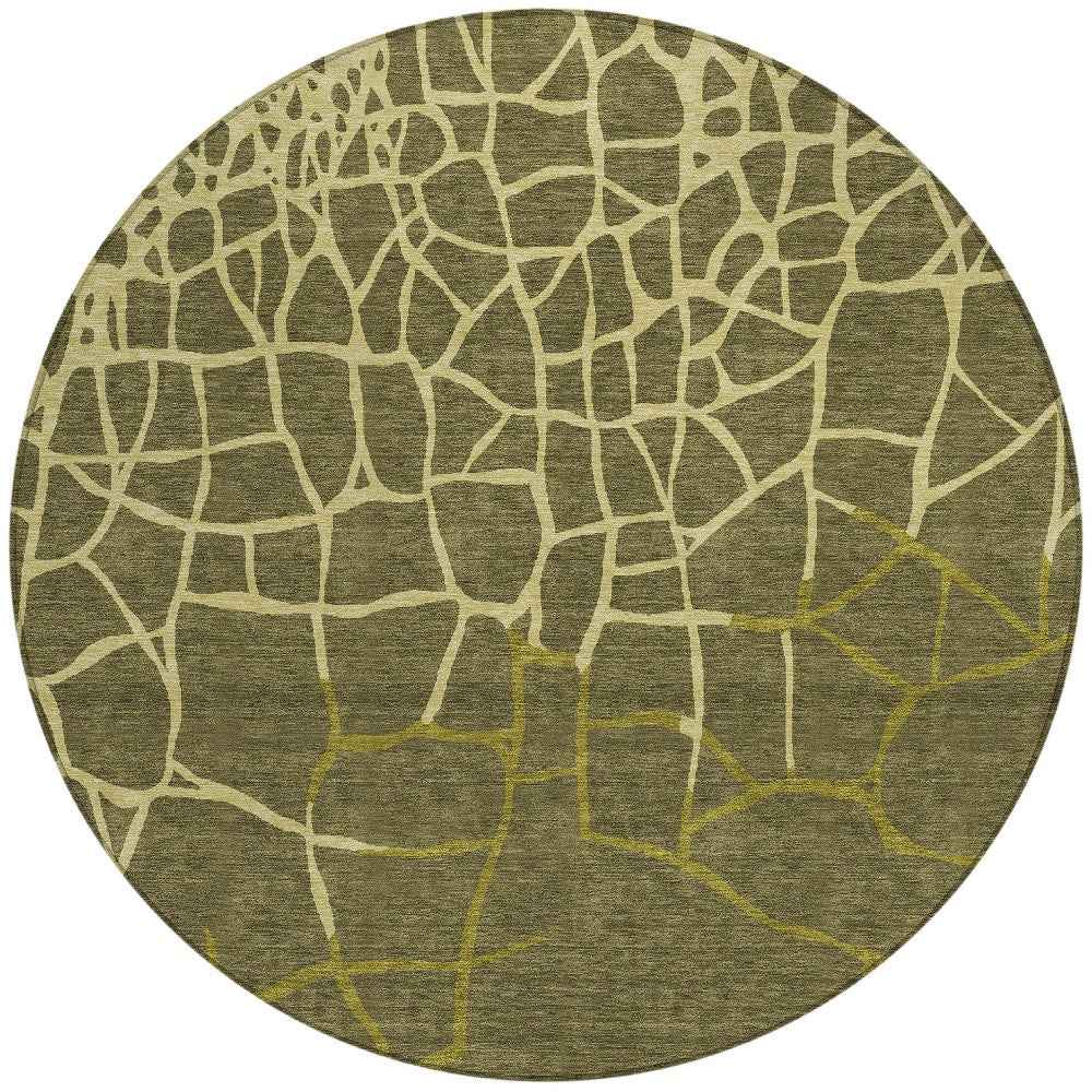 8' Olive Green And Dark Green Round Abstract Washable Indoor Outdoor Area Rug