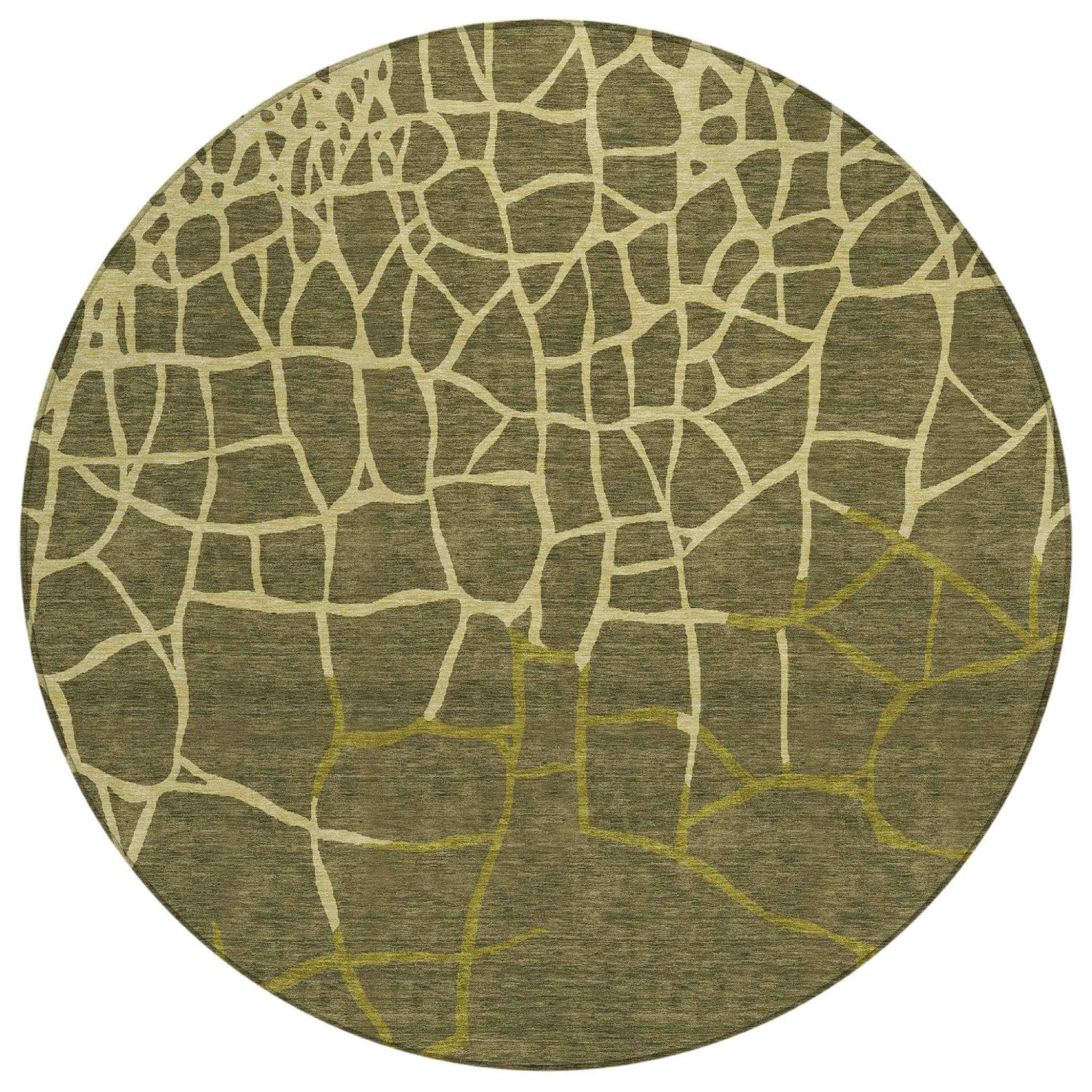 8' Olive Green And Dark Green Round Abstract Washable Indoor Outdoor Area Rug