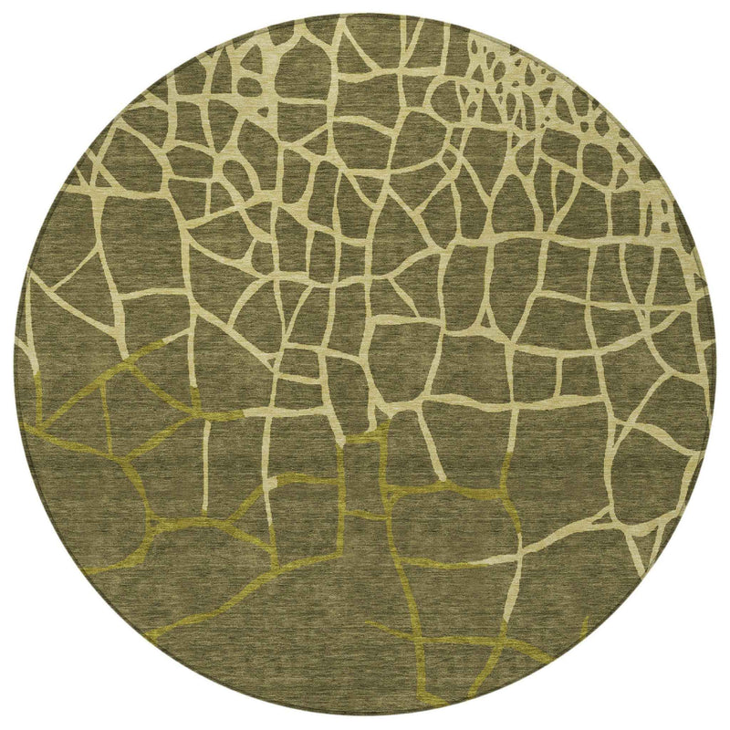8' Olive Green And Dark Green Round Abstract Washable Indoor Outdoor Area Rug