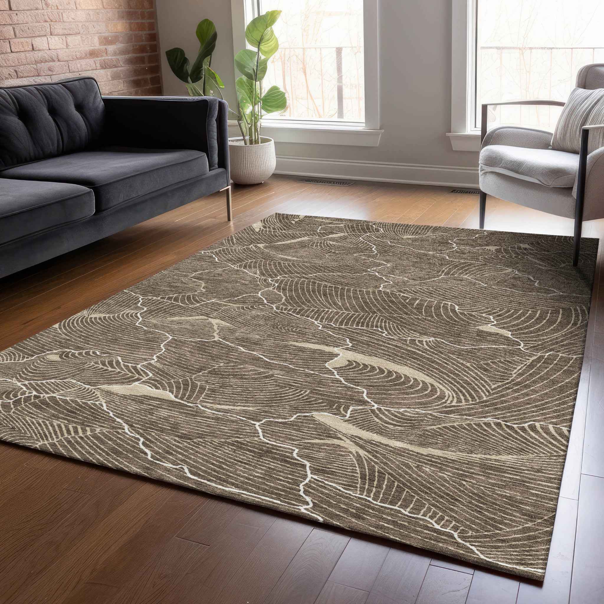 9' X 12' Brown And Ivory Abstract Washable Indoor Outdoor Area Rug