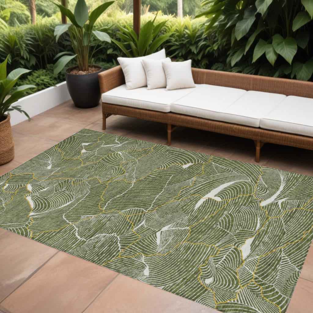 8' X 10' Olive Green Gold And Ivory Abstract Washable Indoor Outdoor Area Rug