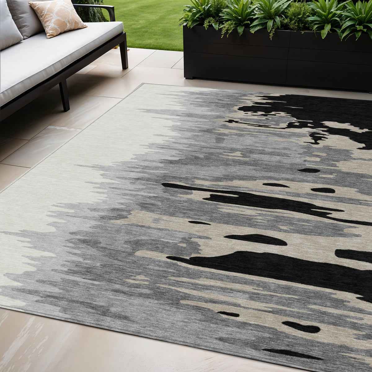 5' X 8' Black Gray And Ivory Abstract Washable Indoor Outdoor Area Rug
