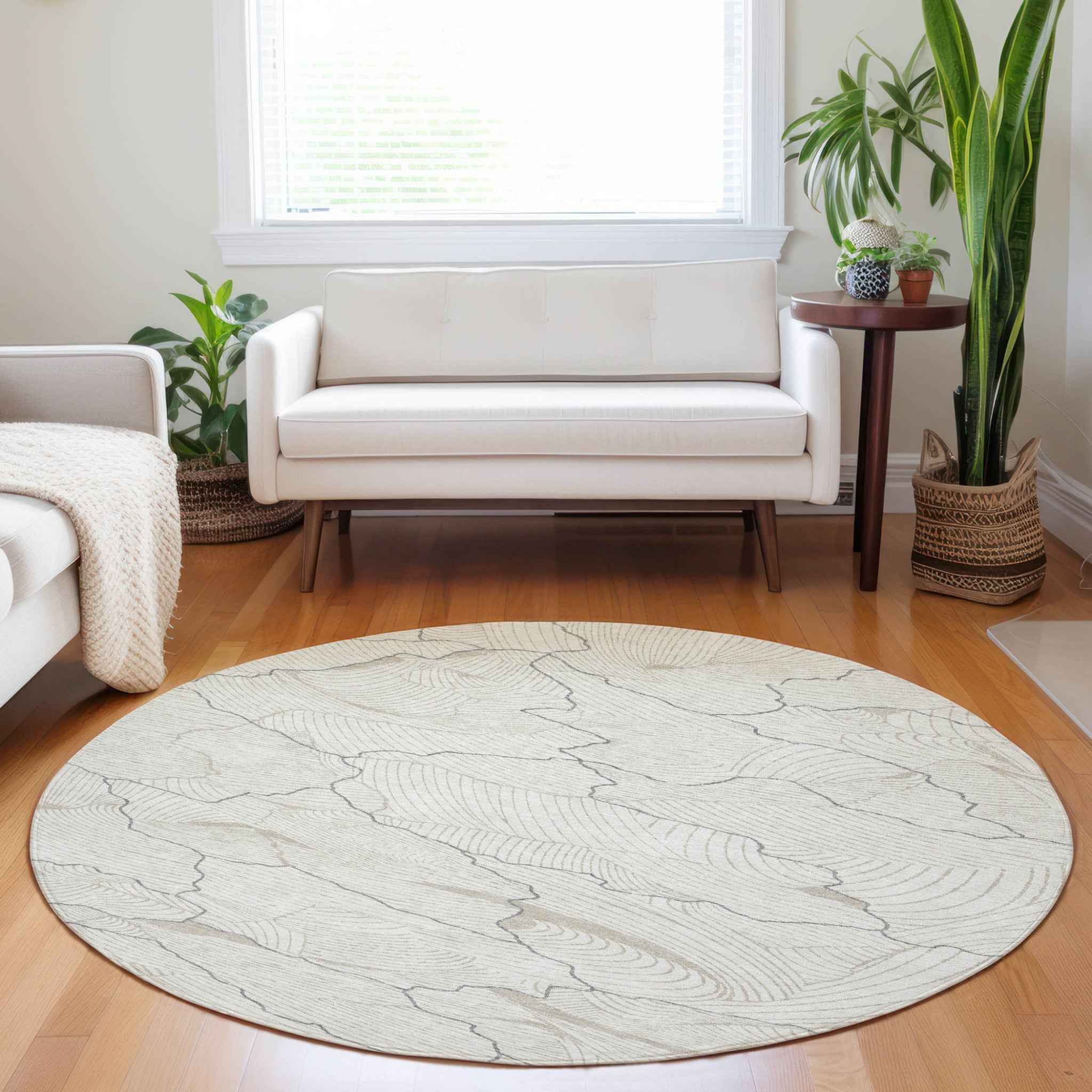 8' Ivory And Gray Round Abstract Washable Indoor Outdoor Area Rug