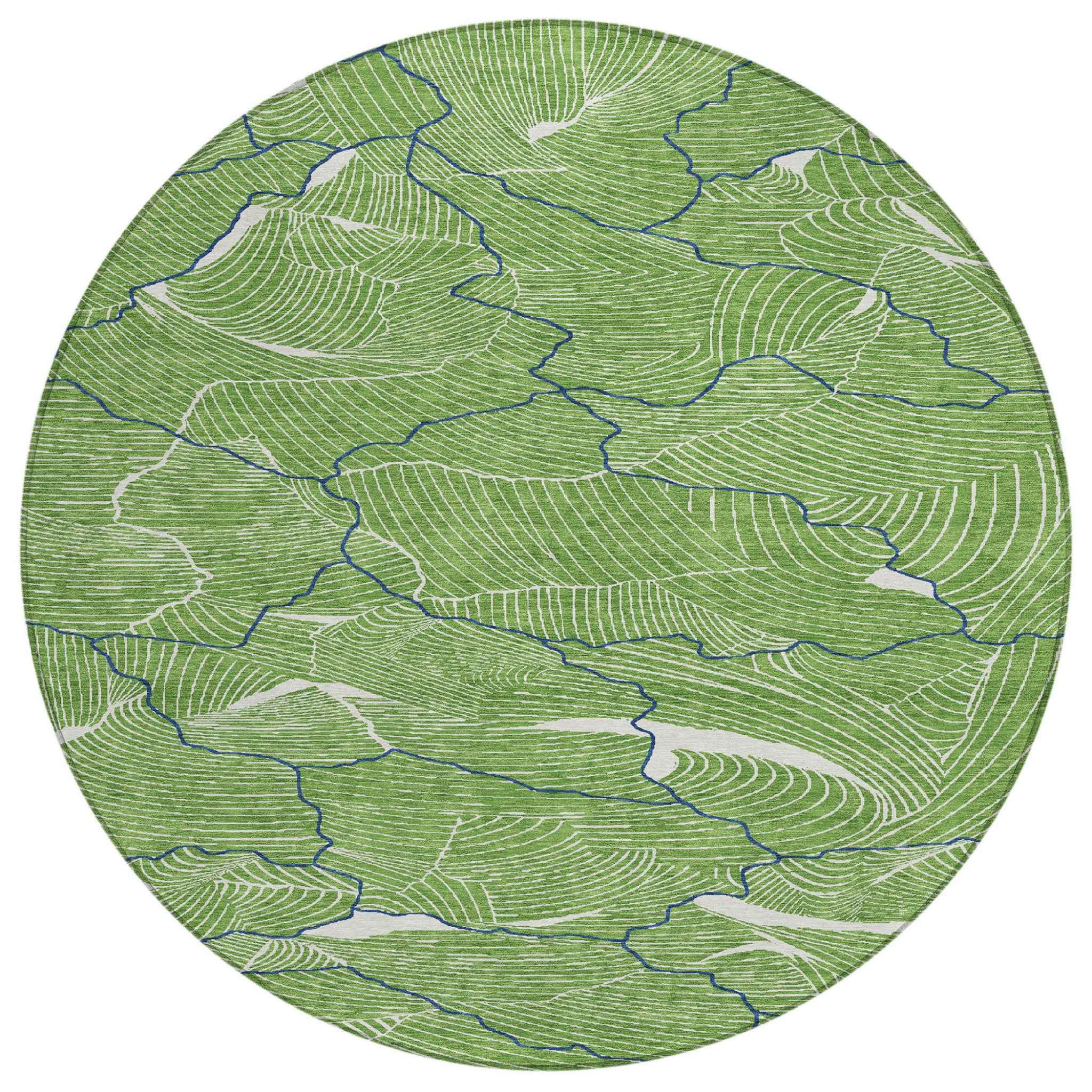 8' Green Blue And Ivory Round Abstract Washable Indoor Outdoor Area Rug