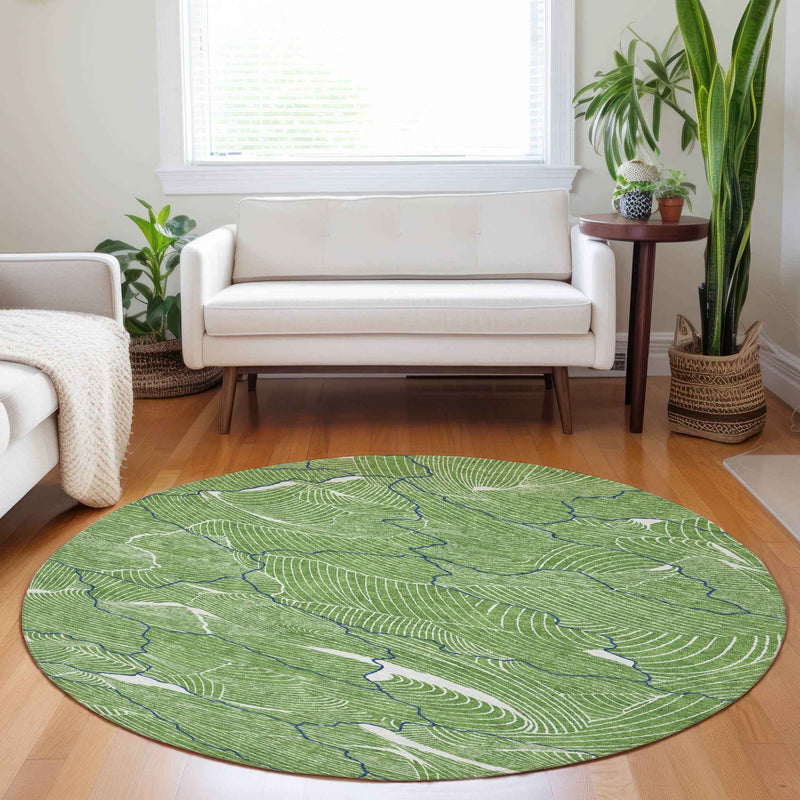 8' Green Blue And Ivory Round Abstract Washable Indoor Outdoor Area Rug