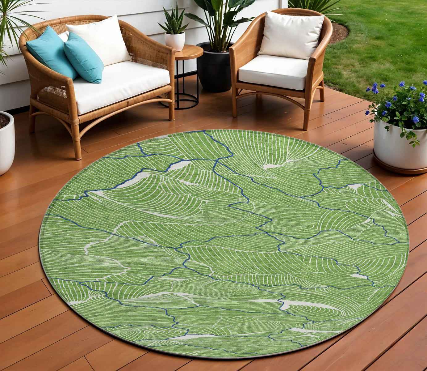 8' Green Blue And Ivory Round Abstract Washable Indoor Outdoor Area Rug