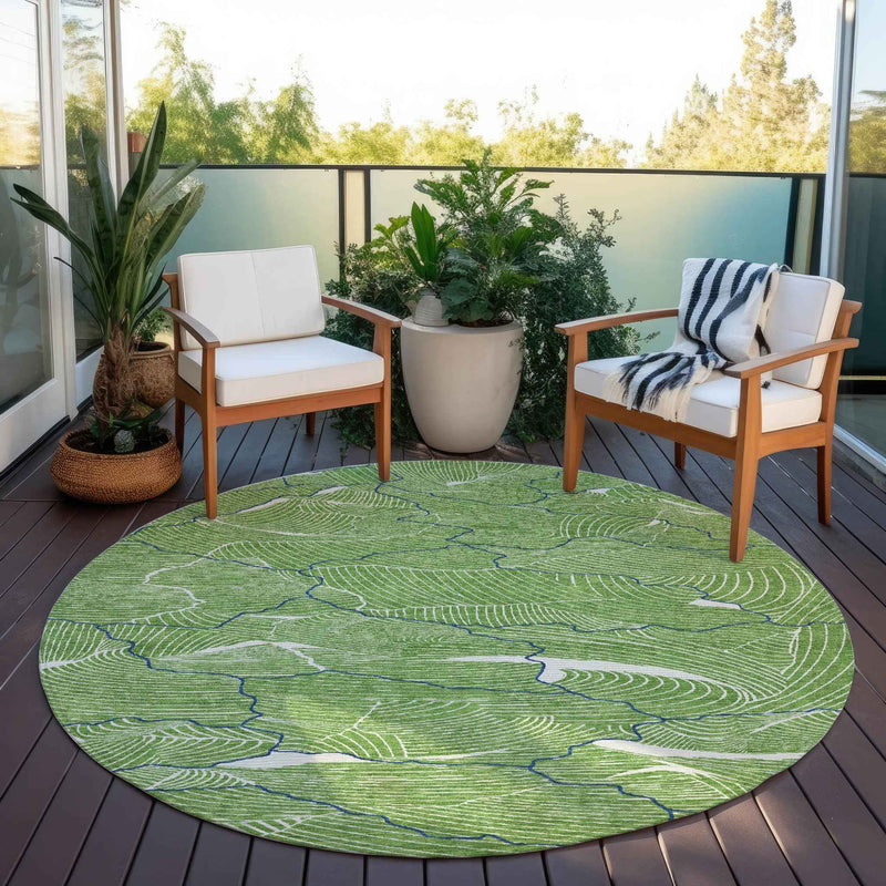 8' Green Blue And Ivory Round Abstract Washable Indoor Outdoor Area Rug