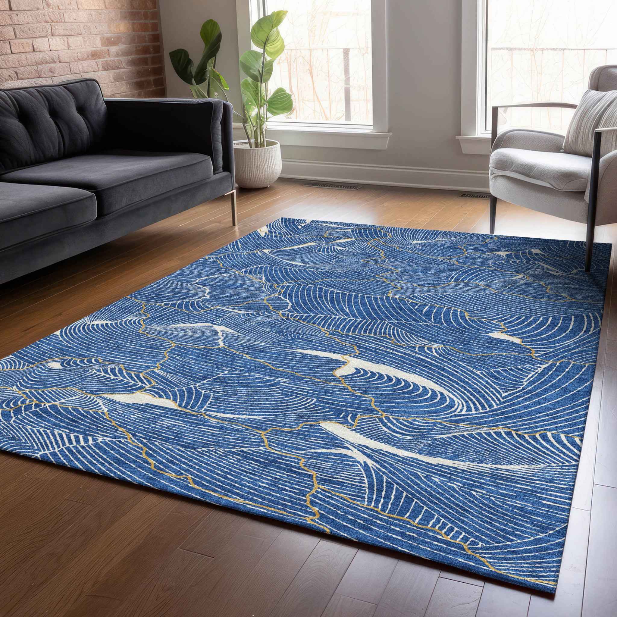 9' X 12' Blue Ivory And Gold Abstract Washable Indoor Outdoor Area Rug