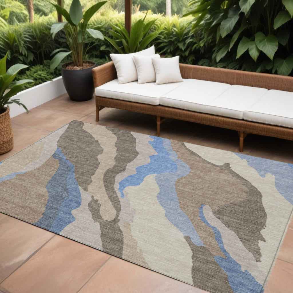 9' X 12' Taupe Tan And Blue Abstract Washable Indoor Outdoor Area Rug