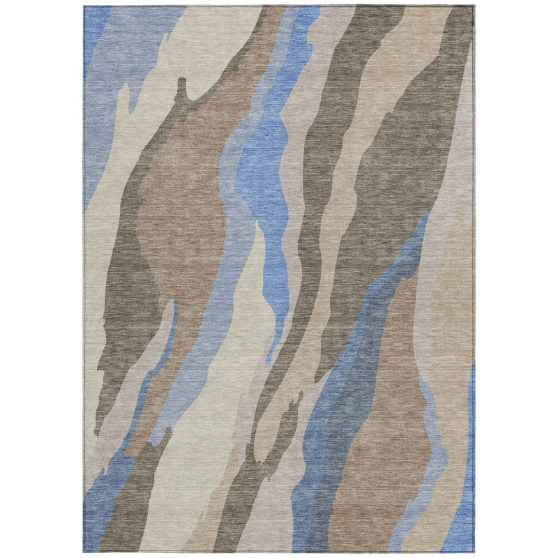 9' X 12' Taupe Tan And Blue Abstract Washable Indoor Outdoor Area Rug