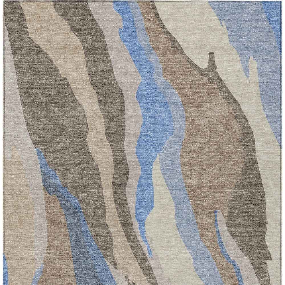 9' X 12' Taupe Tan And Blue Abstract Washable Indoor Outdoor Area Rug