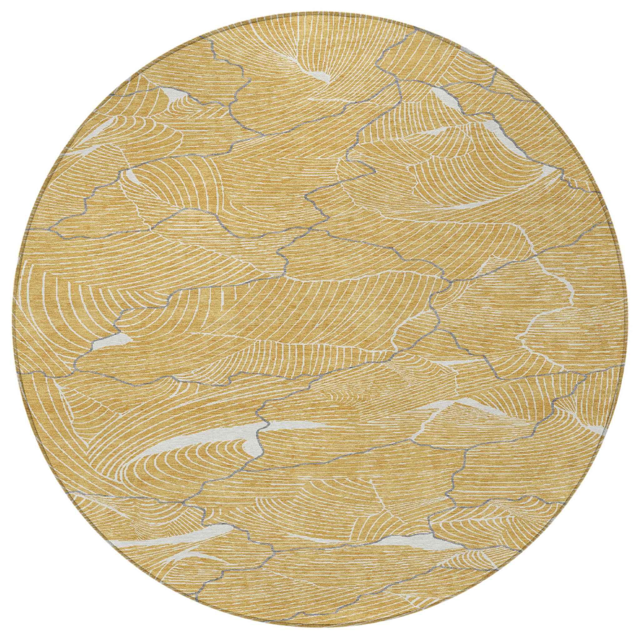 8' Gold Charcoal And Ivory Round Abstract Washable Indoor Outdoor Area Rug