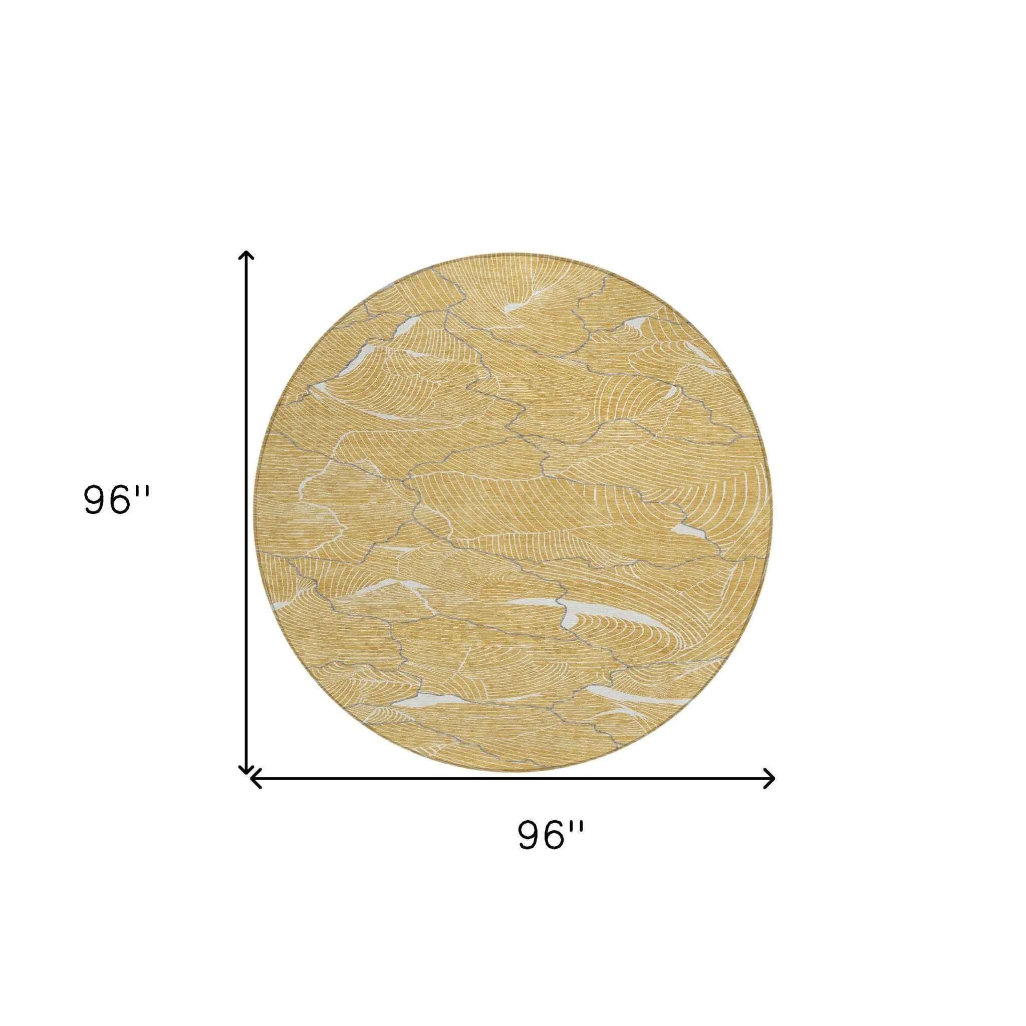 8' Gold Charcoal And Ivory Round Abstract Washable Indoor Outdoor Area Rug