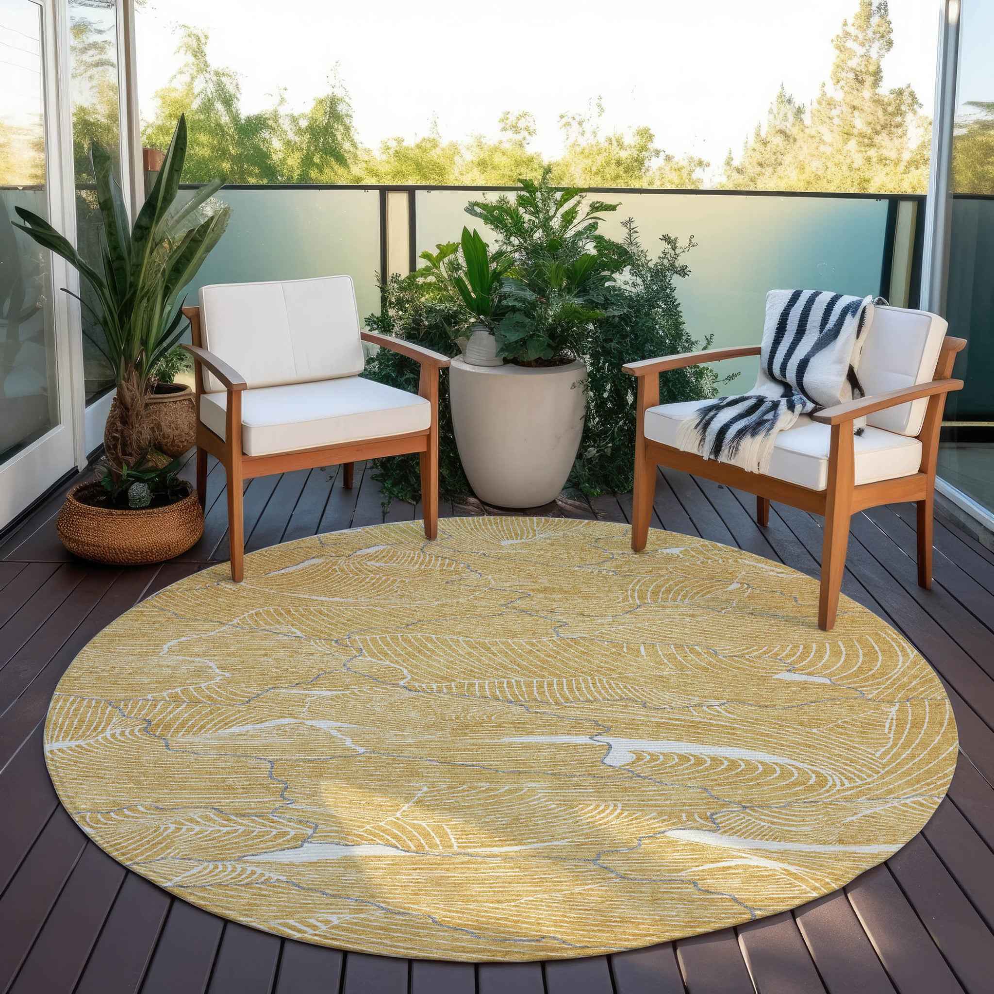 8' Gold Charcoal And Ivory Round Abstract Washable Indoor Outdoor Area Rug