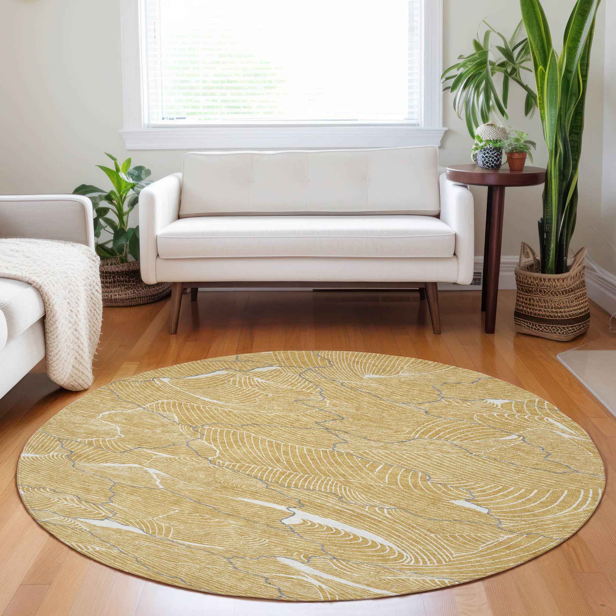8' Gold Charcoal And Ivory Round Abstract Washable Indoor Outdoor Area Rug