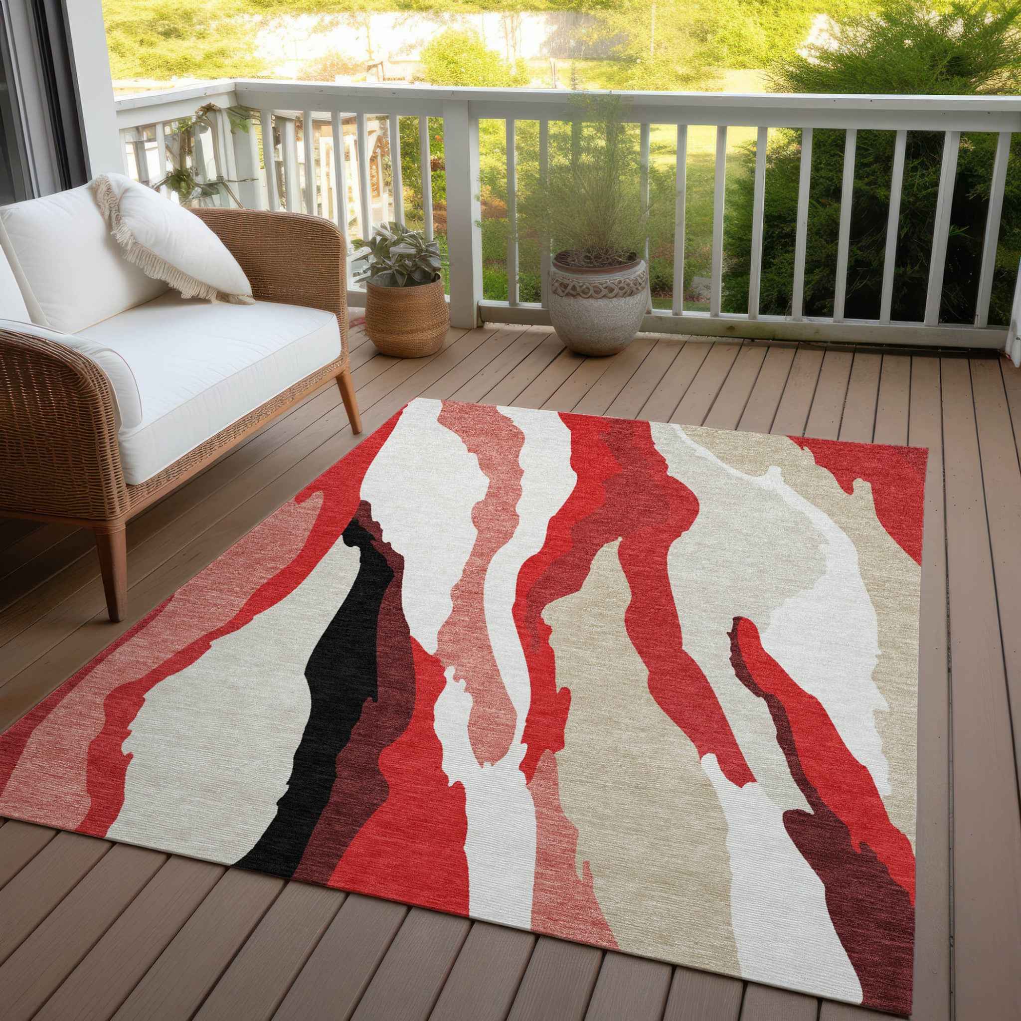 9' X 12' Red Black And Beige Abstract Washable Indoor Outdoor Area Rug