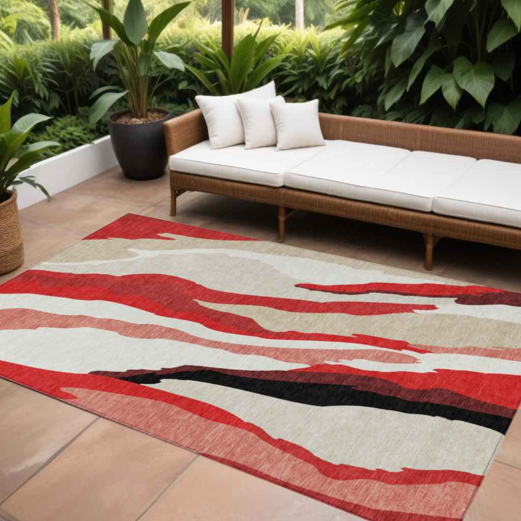 9' X 12' Red Black And Beige Abstract Washable Indoor Outdoor Area Rug