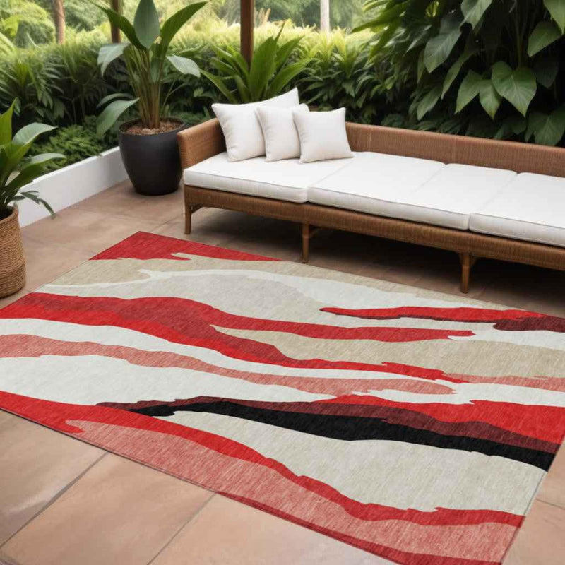 9' X 12' Red Black And Beige Abstract Washable Indoor Outdoor Area Rug