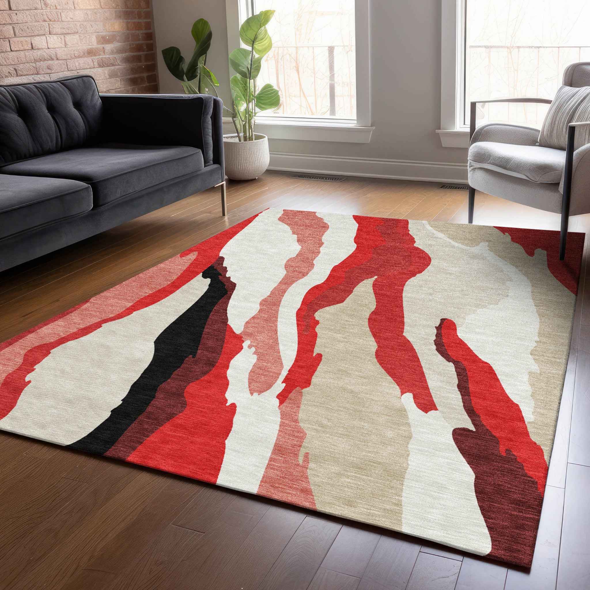 9' X 12' Red Black And Beige Abstract Washable Indoor Outdoor Area Rug
