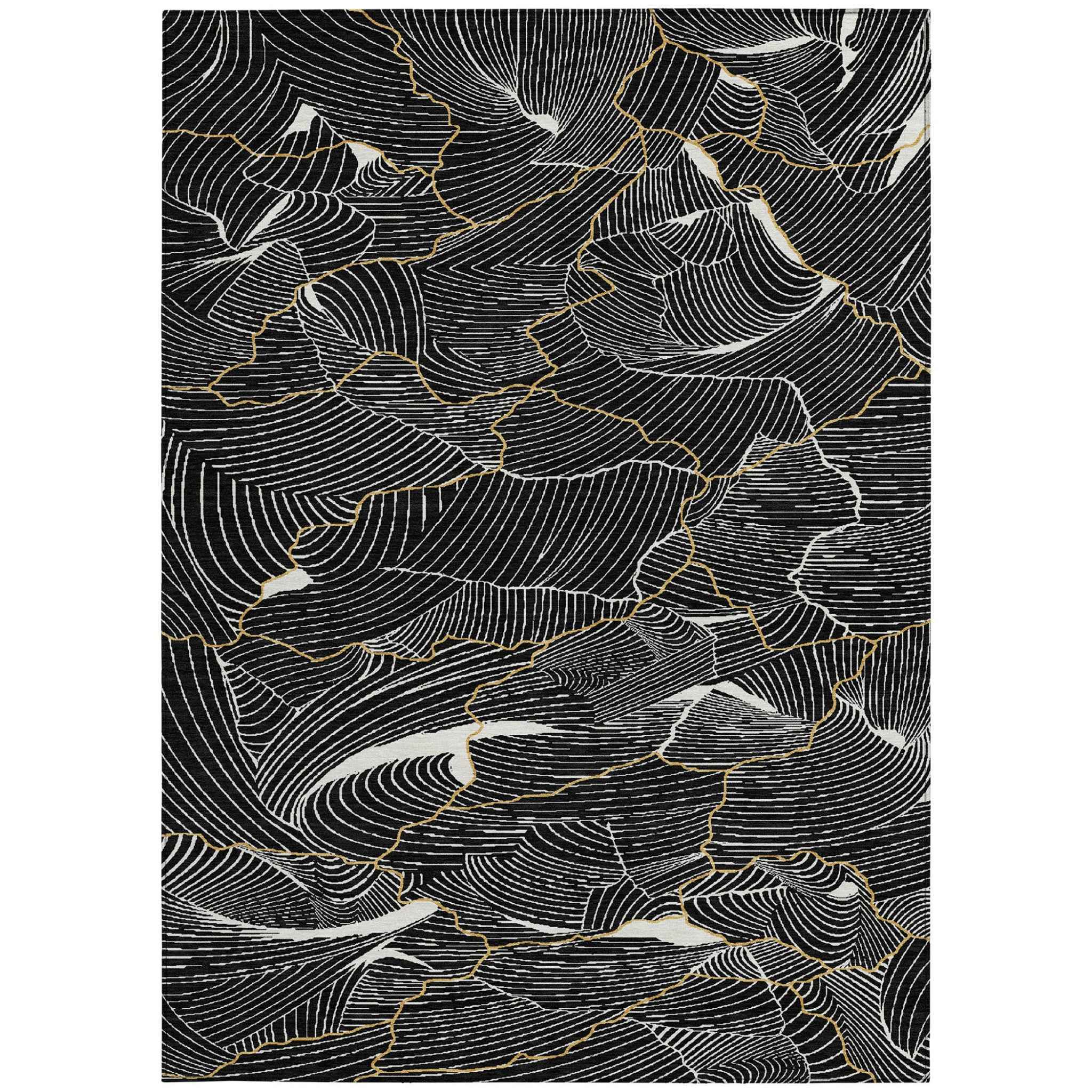 9' X 12' Black Ivory And Gold Abstract Washable Indoor Outdoor Area Rug