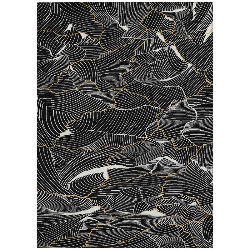 9' X 12' Black Ivory And Gold Abstract Washable Indoor Outdoor Area Rug