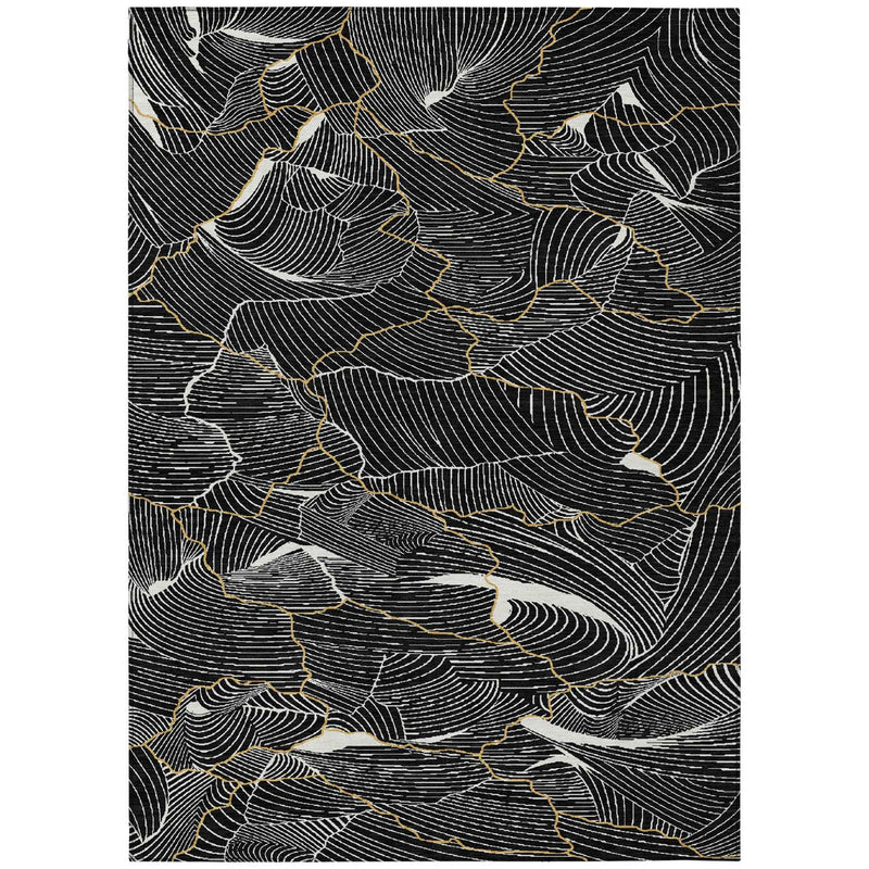 9' X 12' Black Ivory And Gold Abstract Washable Indoor Outdoor Area Rug