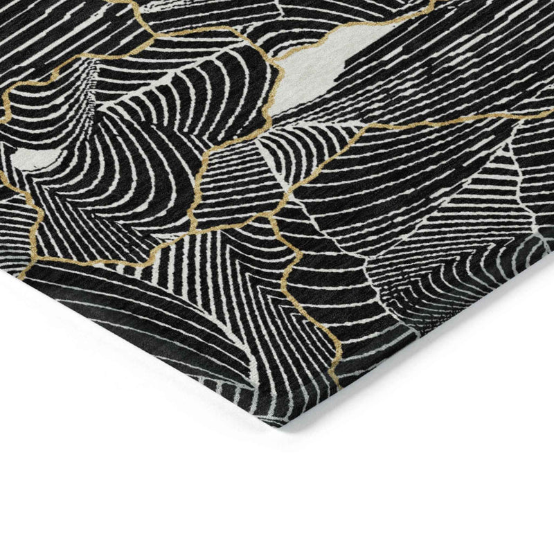 9' X 12' Black Ivory And Gold Abstract Washable Indoor Outdoor Area Rug