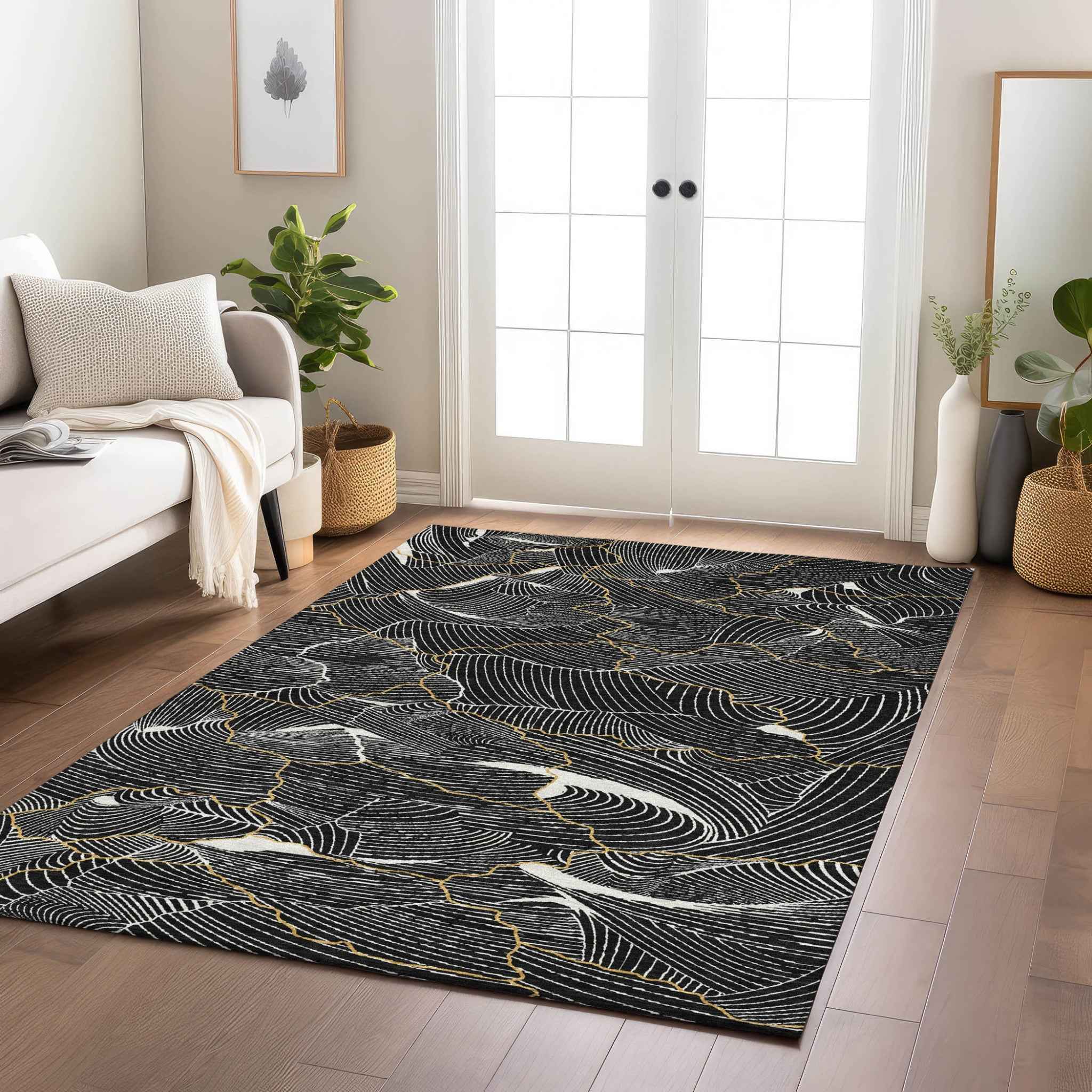 9' X 12' Black Ivory And Gold Abstract Washable Indoor Outdoor Area Rug