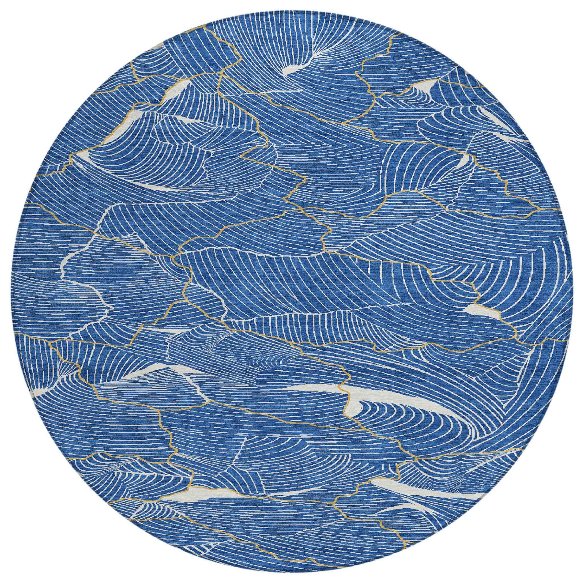 8' Blue Ivory And Gold Round Abstract Washable Indoor Outdoor Area Rug Default Title