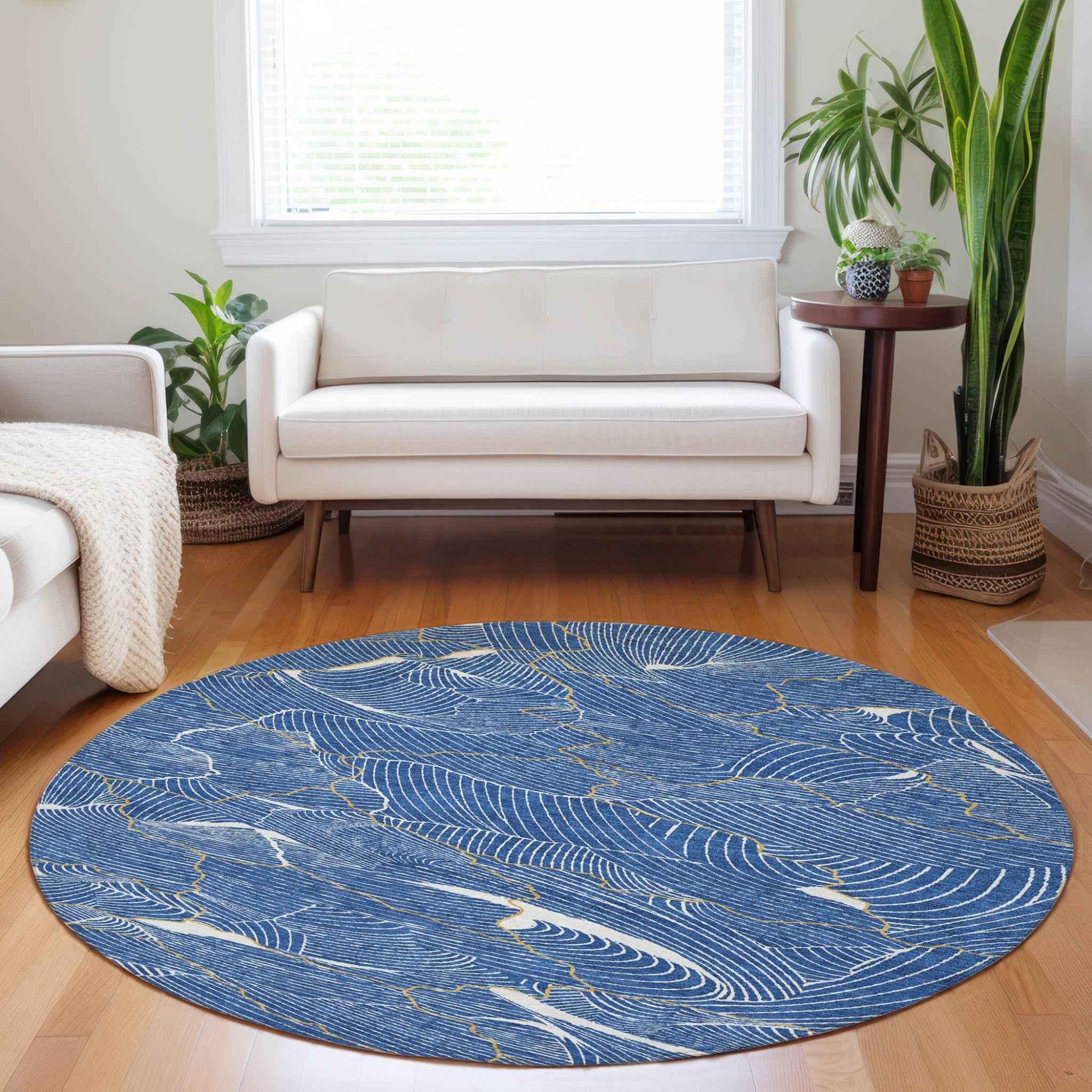 8' Blue Ivory And Gold Round Abstract Washable Indoor Outdoor Area Rug