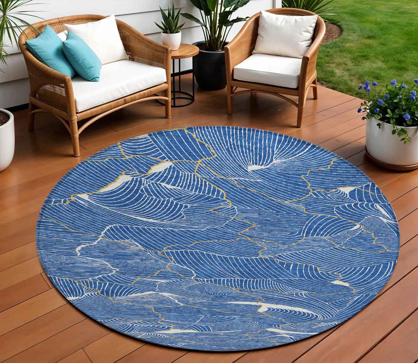8' Blue Ivory And Gold Round Abstract Washable Indoor Outdoor Area Rug