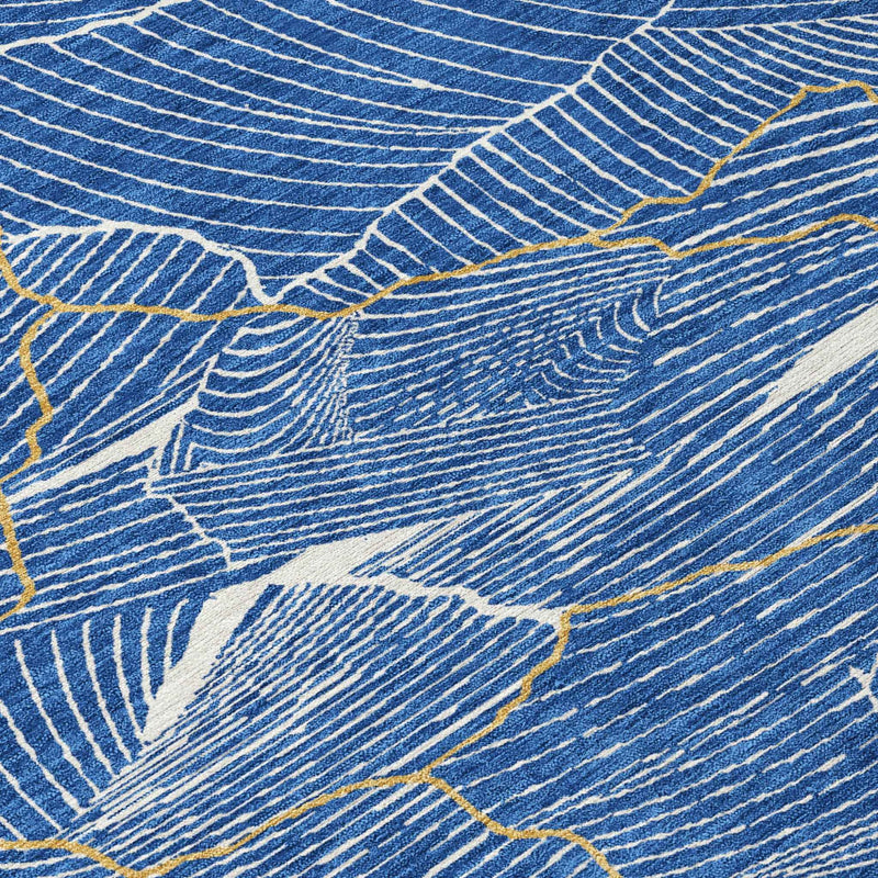 8' Blue Ivory And Gold Round Abstract Washable Indoor Outdoor Area Rug