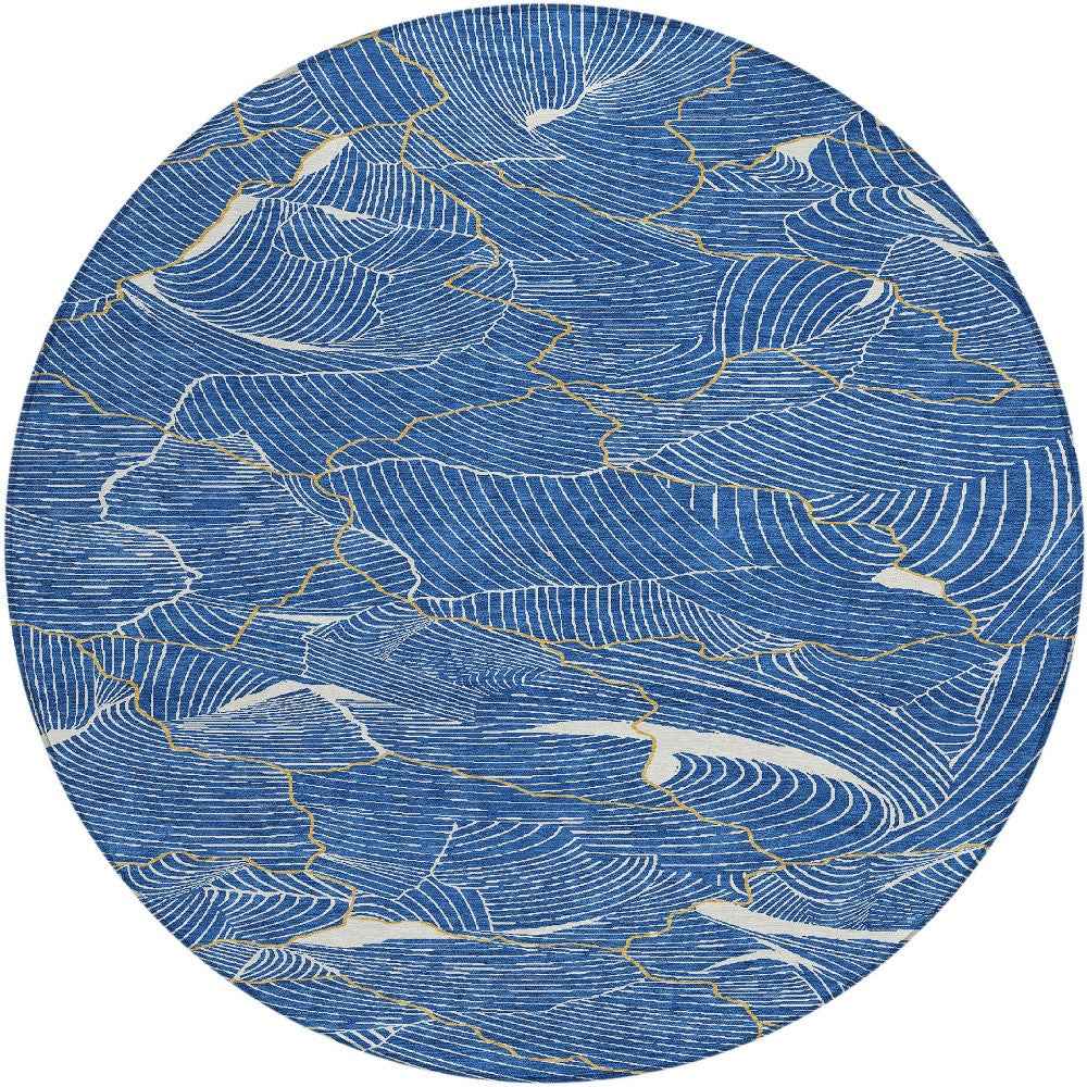 8' Blue Ivory And Gold Round Abstract Washable Indoor Outdoor Area Rug