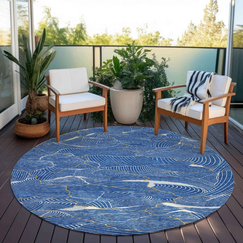 8' Blue Ivory And Gold Round Abstract Washable Indoor Outdoor Area Rug