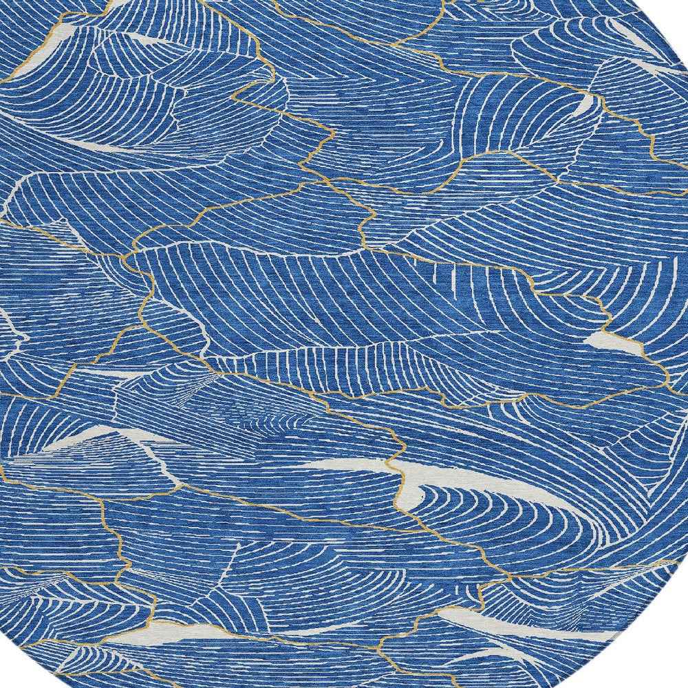 8' Blue Ivory And Gold Round Abstract Washable Indoor Outdoor Area Rug