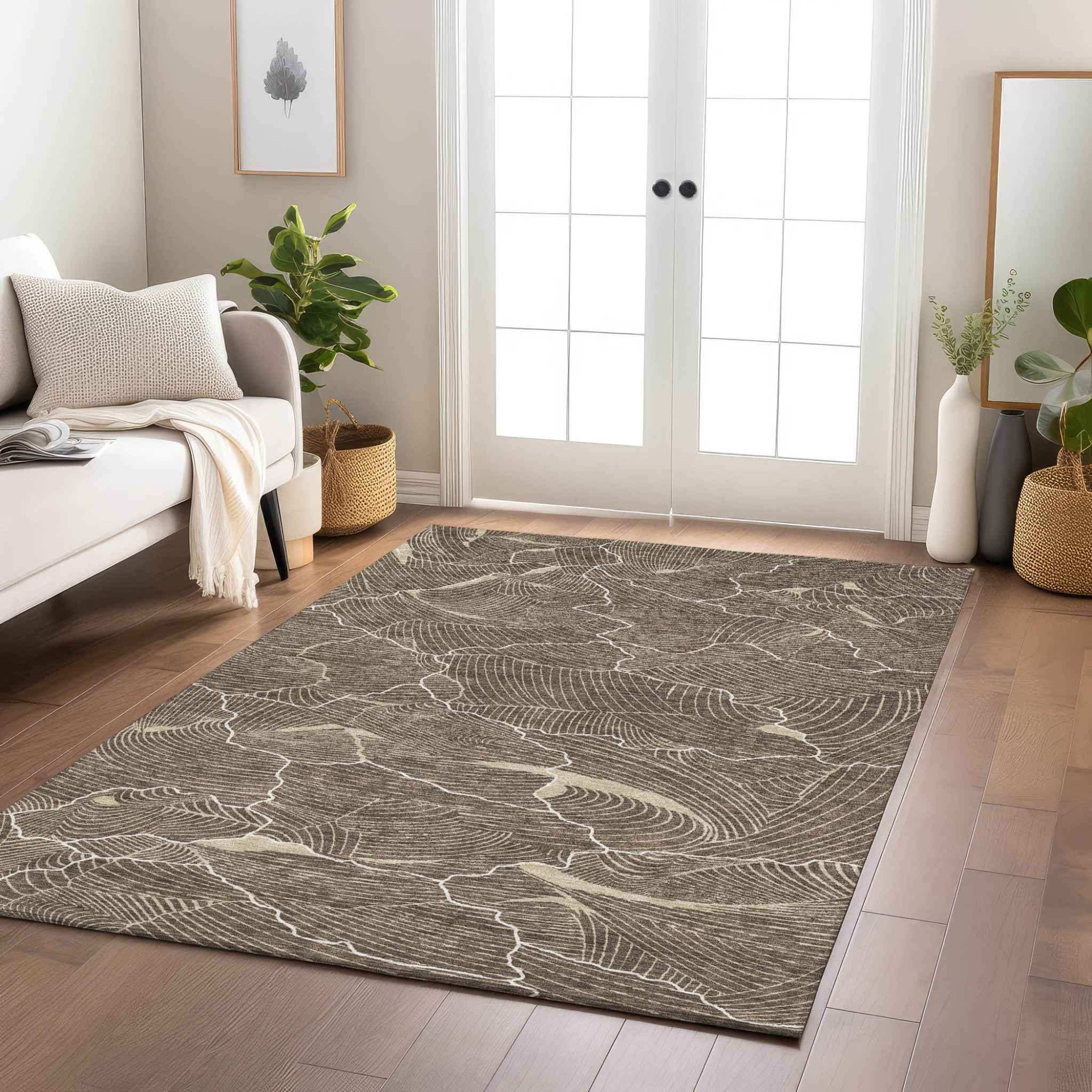 8' X 10' Brown And Ivory Abstract Washable Indoor Outdoor Area Rug