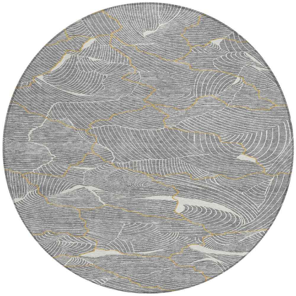 8' Gray Brown And Ivory Round Abstract Washable Indoor Outdoor Area Rug