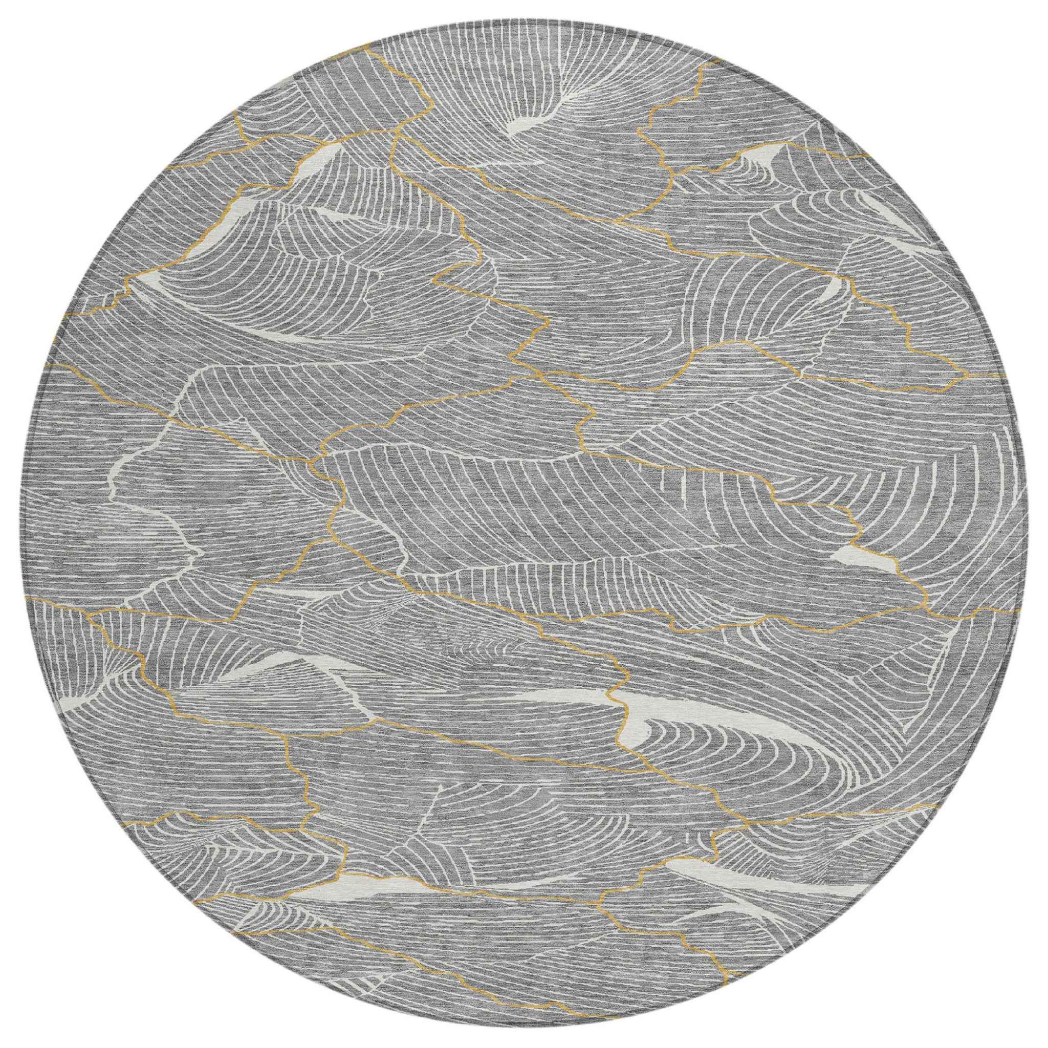 8' Gray Brown And Ivory Round Abstract Washable Indoor Outdoor Area Rug
