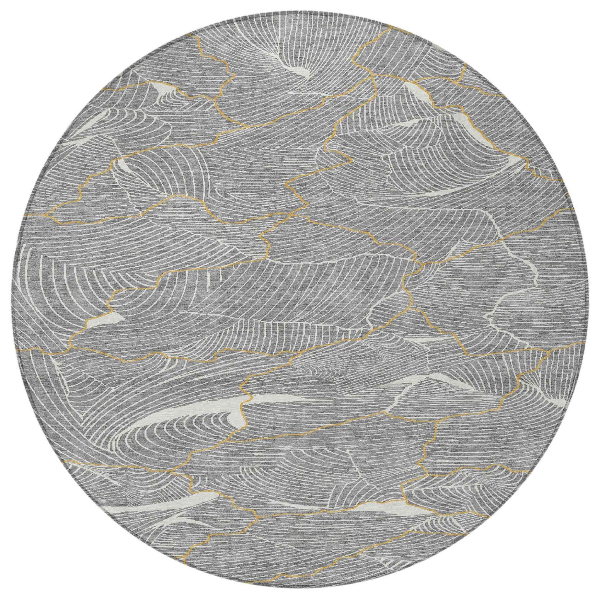 8' Gray Brown And Ivory Round Abstract Washable Indoor Outdoor Area Rug