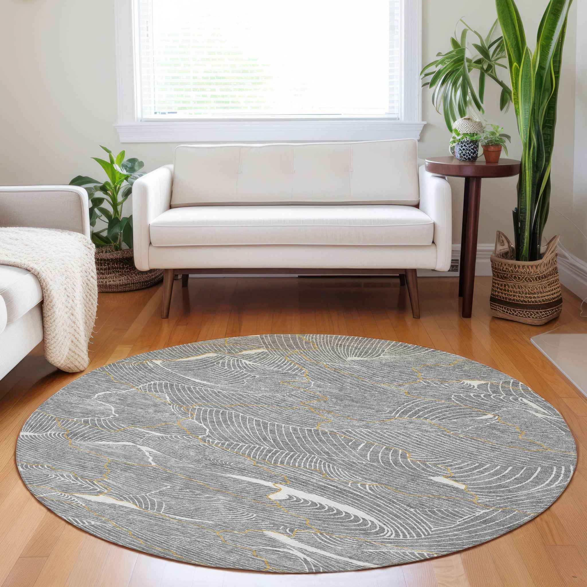 8' Gray Brown And Ivory Round Abstract Washable Indoor Outdoor Area Rug